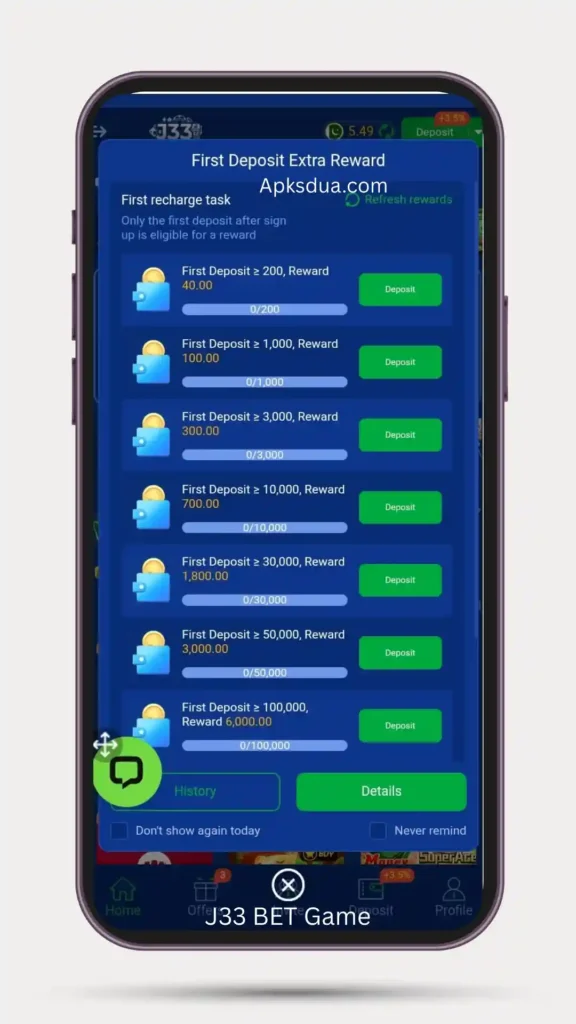 First deposit extra rewoard of J33 BET Game