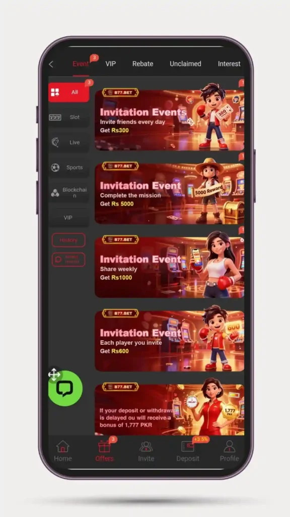 Offers and event of B77 Bet Game