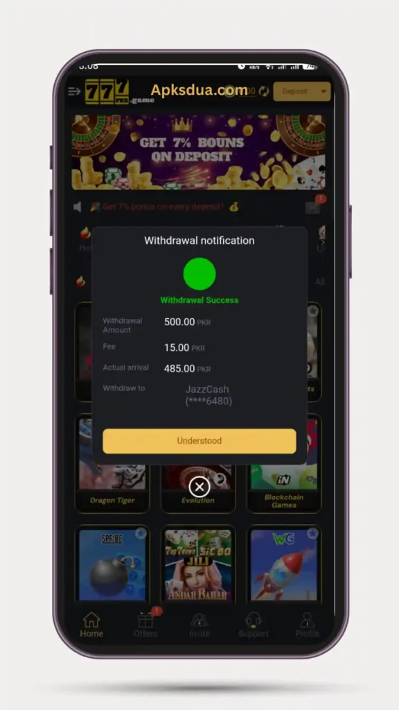 Withdraw notification sucess in 777PKR Game